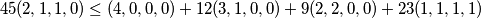 45 (2, 1, 1, 0) \leq (4, 0, 0, 0) + 12 (3, 1, 0, 0) + 9 (2, 2, 0, 0) + 23 (1, 1, 1, 1)