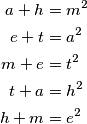 \begin{aligned}
a+h &= m^2\\
e+t &= a^2\\
m+e &= t^2\\
t+a &= h^2\\
h+m &= e^2
\end{aligned}