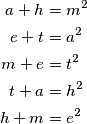 \begin{aligned}
a+h &= m^2\\
e+t &= a^2\\
m+e &= t^2\\
t+a &= h^2\\
h+m &= e^2
\end{aligned}