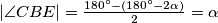 |\angle CBE| = \frac{180^\circ - (180^\circ - 2\alpha)}2 = \alpha