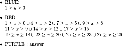 \begin{itemize}
\item BLUE: \newline  $1 \geq y \geq 0$
\item RED: \newline $1 \geq x \geq 0 \cup 4 \geq x \geq 2 \cup 7 \geq x \geq 5 \cup 9 \geq x \geq 8$ \newline  $11 \geq x \geq 9 \cup 14 \geq x \geq 12 \cup 17 \geq x \geq 15$  \newline
$19 \geq x \geq 18 \cup 22 \geq x \geq 20 \cup 25 \geq x \geq 23 \cup 27 \geq x \geq 26$
\item PURPLE : answer
\end{itemize}