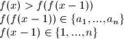 f(x)>f(f(x-1)) \newline f(f(x-1)) \in \{a_1,...,a_n\} \newline f(x-1) \in \{1,...,n\}