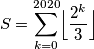 S = \sum_{k=0}^{2020}\Bigl\lfloor\frac{2^k}{3}\Bigr\rfloor