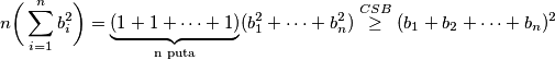 n\bigg(\sum_{i=1}^{n}b_i^2\bigg)=\underbrace{(1+1+\cdots+1)}_{\text{n puta}}(b_1^2+\cdots+b_n^2)\stackrel{CSB}{\ge}(b_1+b_2+\cdots+b_n)^2