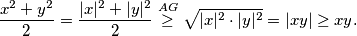 \begin{equation*}
    \frac{x^2+y^2}{2}=\frac{|x|^2+|y|^2}{2}\overset{AG}{\geq}\sqrt{|x|^2\cdot|y|^2}=|xy|\geq xy\text.
\end{equation*}
