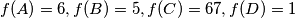 f(A) = 6, f(B) = 5, f(C) = 67, f(D) = 1