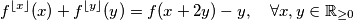 f^{\lfloor x \rfloor}(x)+f^{\lfloor y \rfloor}(y)=f(x+2y)-y,\quad\forall x,y\in\mathbb{R}_{\geq0}