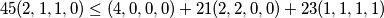 45(2,1,1,0) \leq (4,0,0,0) + 21(2,2,0,0) + 23(1,1,1,1)
