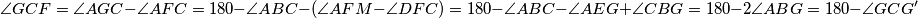 \angle GCF=\angle AGC-\angle AFC=180-\angle ABC-(\angle AFM-\angle DFC)=180-\angle ABC-\angle AEG+\angle CBG=180-2\angle ABG=180-\angle GCG'
