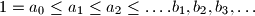 1=a_0\le a_1\le a_2\le\ldots. b_1,b_2,b_3,\ldots