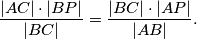 \frac{|AC|\cdot |BP|}{|BC|}=\frac{|BC|\cdot |AP|}{|AB|}.