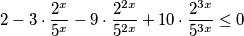 2 - 3 \cdot \frac{2^{x}}{5^{x}} - 9 \cdot \frac{2^{2x}}{5^{2x}} + 10 \cdot \frac{2^{3x}}{5^{3x}} \leq 0