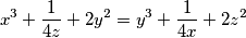 x^3 + \frac{1}{4z} + 2y^2 = y^3 + \frac{1}{4x} + 2z^2