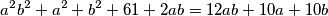 a^2b^2 + a^2 + b^2 + 61 + 2ab = 12ab + 10a + 10b