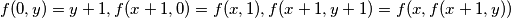 f(0,y)=y+1, f(x+1,0) = f(x,1), f(x+1,y+1)=f(x,f(x+1,y))