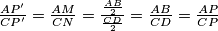 \frac{AP'}{CP'}=\frac{AM}{CN}=\frac{\frac{AB}{2}}{\frac{CD}{2}}=\frac{AB}{CD}=\frac{AP}{CP}