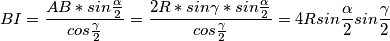 BI=\frac{AB*sin \frac{\alpha}{2}}{cos \frac{\gamma}{2}}=\frac{2R*sin  \gamma*sin \frac{\alpha}{2}}{cos \frac{\gamma}{2}}=4Rsin \frac{\alpha}{2} sin \frac{\gamma}{2}