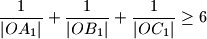 \frac{1}{|OA_1|}+\frac{1}{|OB_1|}+\frac{1}{|OC_1|} \geq 6