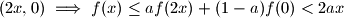 (2x,0) \implies f(x) \le af(2x) + (1-a)f(0) < 2ax