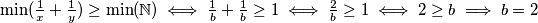\min(\frac{1}{x} + \frac{1}{y}) \geq \min(\mathbb{N}) \iff \frac{1}{b} +\frac{1}{b} \geq 1 \iff \frac{2}{b} \geq 1 \iff 2 \geq b \implies b = 2
