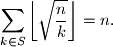 \sum_{k \in S} \left\lfloor \sqrt{\frac{n}{k}} \right\rfloor = n.