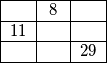 \begin{tabular}{|c|c|c|}
	\hline
	& \,8\, &   \\
	\hline 11 & & \\
  	\hline & & 29 \\ \hline
\end{tabular}