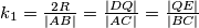 k_1 = \frac{2R}{|AB|} = \frac{|DQ|}{|AC|} = \frac{|QE|}{|BC|}