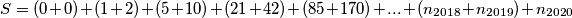 S = (0 + 0) + (1 + 2) + (5 + 10) + (21 + 42) + (85 +170) + ... + (n_{2018} + n_{2019}) + n_{2020}