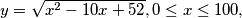 y =\sqrt{x^2 - 10x+ 52}, 0\le x \le 100,