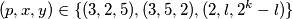 (p,x,y) \in \{ (3,2,5),(3,5,2),(2,l,2^k-l)\}