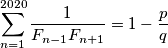 \sum_{n=1}^{2020} \dfrac{1}{F_{n-1}F_{n+1}} = 1 - \dfrac{p}{q}