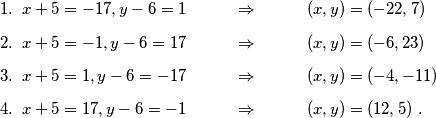 \begin{enumerate}
\item $x+5=-17, y-6=1 \hspace{1 cm} \Rightarrow \hspace{1 cm} (x,y)=(-22,7)$
\item $x+5=-1, y-6=17 \hspace{1 cm} \Rightarrow \hspace{1 cm} (x,y)=(-6,23)$
\item $x+5=1, y-6=-17 \hspace{1 cm} \Rightarrow \hspace{1 cm} (x,y)=(-4,-11)$
\item $x+5=17, y-6=-1 \hspace{1 cm} \Rightarrow \hspace{1 cm} (x,y)=(12,5)$ \text.
\end{enumerate}