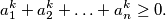 a^k_1 + a^k_2 + \ldots + a^k_n \geq 0.
