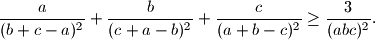 \frac{a}{(b+c-a)^2} + \frac{b}{(c+a-b)^2} + \frac{c}{(a+b-c)^2} \geq \frac{3}{(abc)^2}.