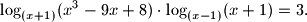 
\log _{(x+1)}(x^{3} - 9x + 8)\cdot \log_{(x-1)}(x+1) = 3.
