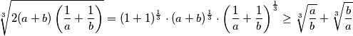 \sqrt[3]{2(a+b)\left(\frac{1}{a} + \frac{1}{b}\right)} = (1+1)^{\frac{1}{3}}\cdot(a + b)^{\frac{1}{3}} \cdot \left(\frac{1}{a}+ \frac{1}{b} \right)^{\frac{1}{3}} \geq \sqrt[3]{\frac{a}{b}} + \sqrt[3]{\frac{b}{a}}