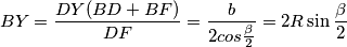 BY=\frac{DY(BD+BF)}{DF}=\frac{b}{2cos \frac{\beta}{2}}=2R \sin \frac{\beta}{2}