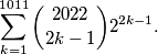 \sum_{k=1}^{1011} \binom{2022}{2k-1}2^{2k-1}.