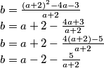  b=\frac{(a+2)^2-4a-3}{a+2} \newline b=a+2 - \frac{4a+3}{a+2} \newline b=a+2 - \frac{4(a+2) - 5}{a+2} \newline b=a-2 - \frac{5}{a+2}