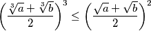 \bigg( \frac{\sqrt[3]a+\sqrt[3]b}{2} \bigg)^3 \leq \bigg(\frac{\sqrt a + \sqrt b}{2} \bigg)^2