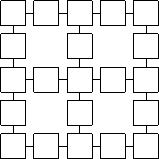 \setlength{\unitlength}{5pt}
\begin{center}
\begin{picture}(19, 19)
\newsavebox{\sq}
\savebox{\sq}(3, 3)[bl]{\put(0, 0){\line(1, 0){3}}\put(0, 3){\line(1, 0){3}}\put(0, 0){\line(0, 1){3}}\put(3, 0){\line(0, 1){3}}}
\newsavebox{\lih}
\savebox{\lih}(1, 1)[bl]{\put(0, 1.5){\line(1, 0){1}}}
\newsavebox{\liv}
\savebox{\liv}(1, 1)[bl]{\put(1.5, 0){\line(0, 1){1}}}

\multiput(0, 0)(4, 0){5}{\usebox{\sq}}
\multiput(0, 8)(4, 0){5}{\usebox{\sq}}
\multiput(0, 16)(4, 0){5}{\usebox{\sq}}
\multiput(0, 0)(0, 4){5}{\usebox{\sq}}
\multiput(8, 0)(0, 4){5}{\usebox{\sq}}
\multiput(16, 0)(0, 4){5}{\usebox{\sq}}

\multiput(3, 0)(4, 0){4}{\usebox{\lih}}
\multiput(3, 8)(4, 0){4}{\usebox{\lih}}
\multiput(3, 16)(4, 0){4}{\usebox{\lih}}

\multiput(0, 3)(0, 4){4}{\usebox{\liv}}
\multiput(8, 3)(0, 4){4}{\usebox{\liv}}
\multiput(16, 3)(0, 4){4}{\usebox{\liv}}

\end{picture}
\end{center}